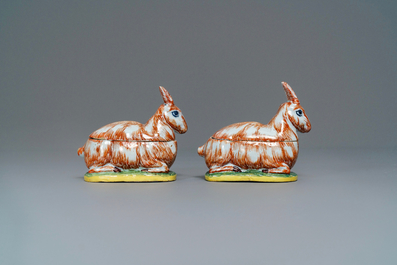 A pair of polychrome Dutch Delft 'hare' tureens, 18th C.